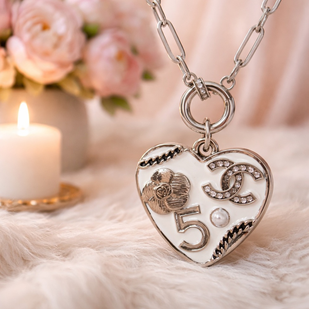 Silver Tone  Heart Pendant Necklace with Logo